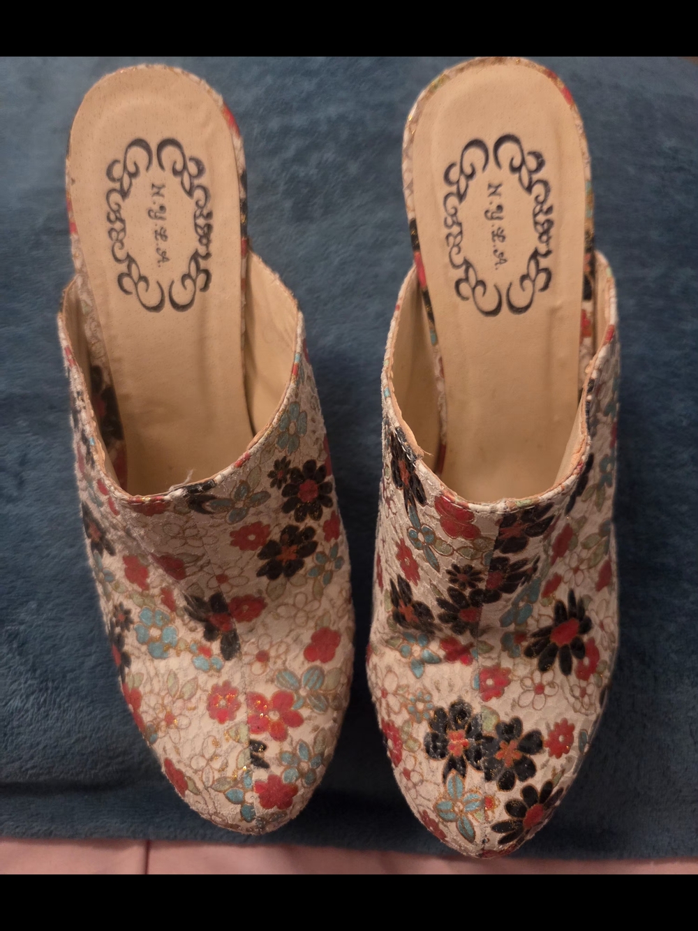 N.Y.L.A. Floral Embroidered Slip-On Mules - Ivory with Red, Blue, Gold